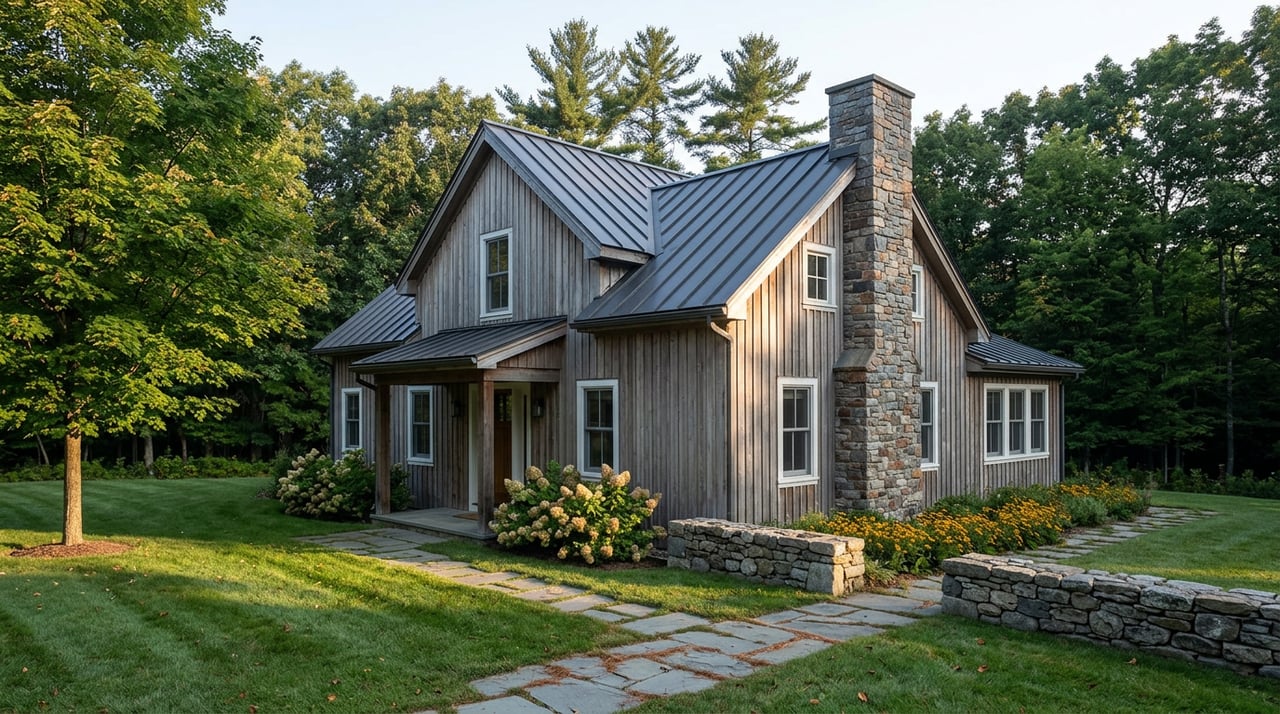 Two-story grey-brown wood home with a stone chimney, lawn, stone wall, and path beneath trees.