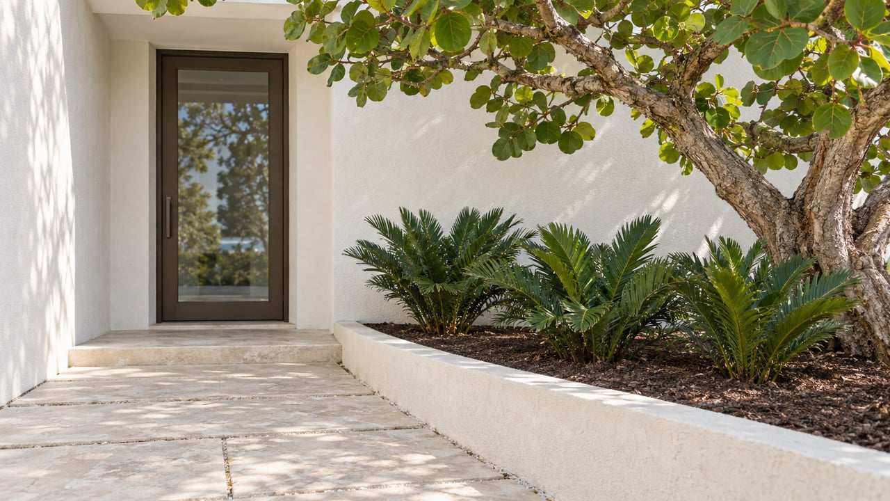 Coastal home entry with a bronze-framed glass door, pale limestone slabs, and a sea-grape tree over the planting bed.