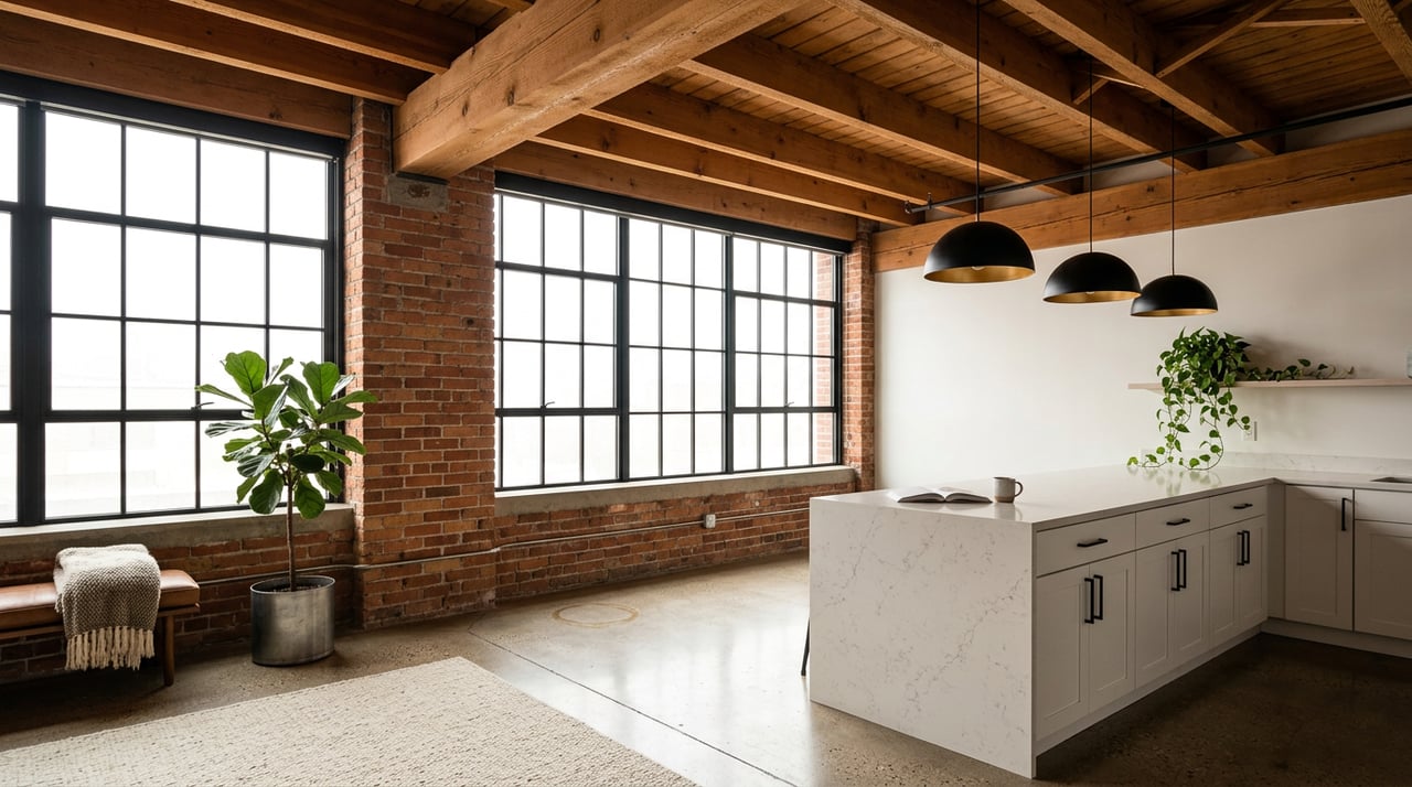 Open-plan loft with exposed brick, heavy timber ceiling beams, steel-framed windows, and a white kitchen island.