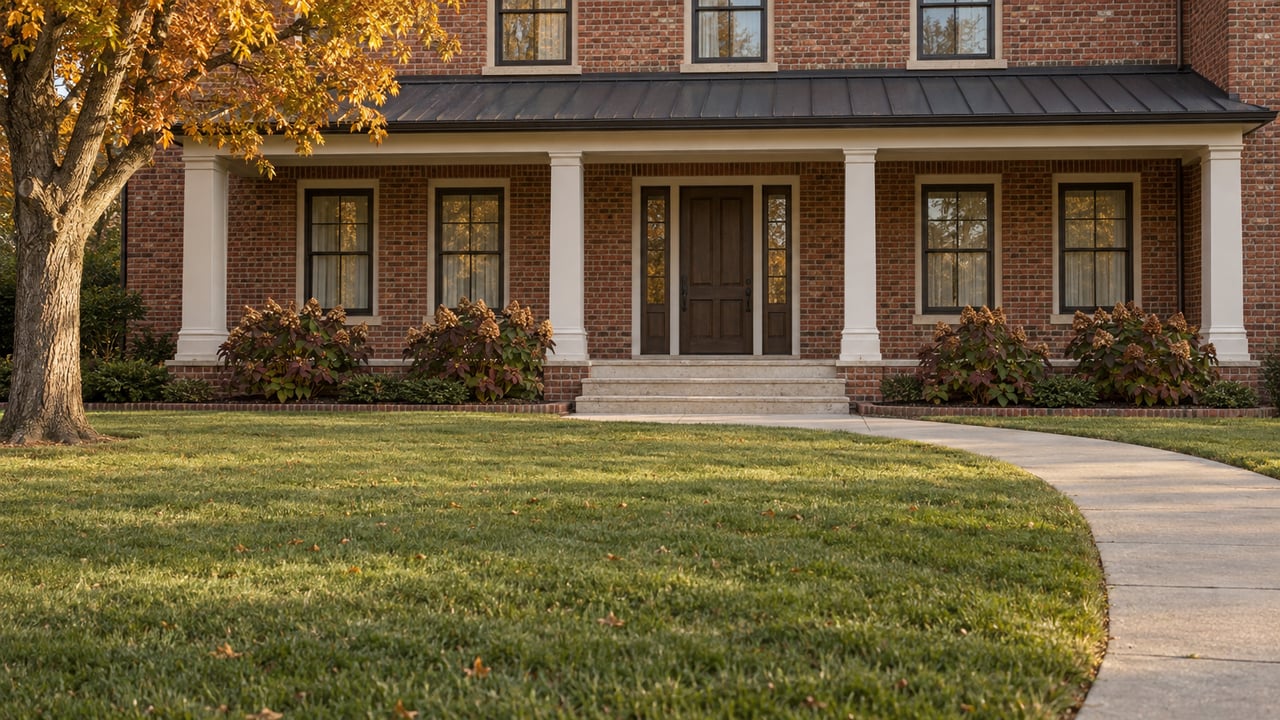 A deep autumn lawn leads to a brick home's limestone porch steps, painted columns, and dark oak front door.