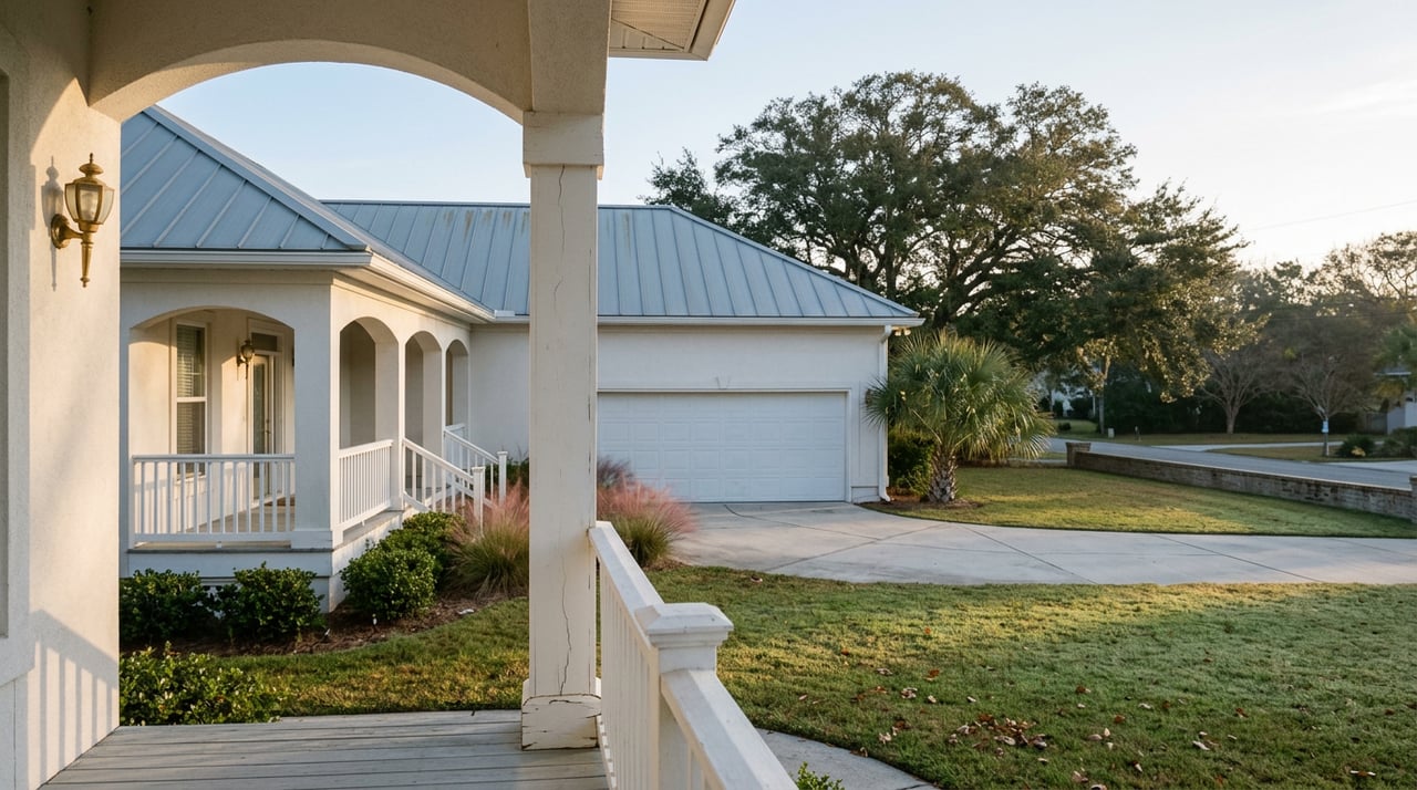 Two-story stucco home with arched porch, gray metal roof, and deep oak-shaded lawn.