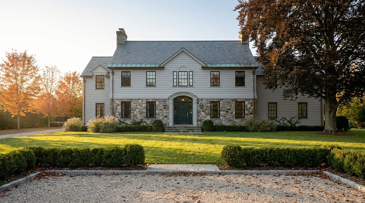 Traditional stone-and-clapboard home beyond a broad lawn, framed by autumn maples and a copper beech.
