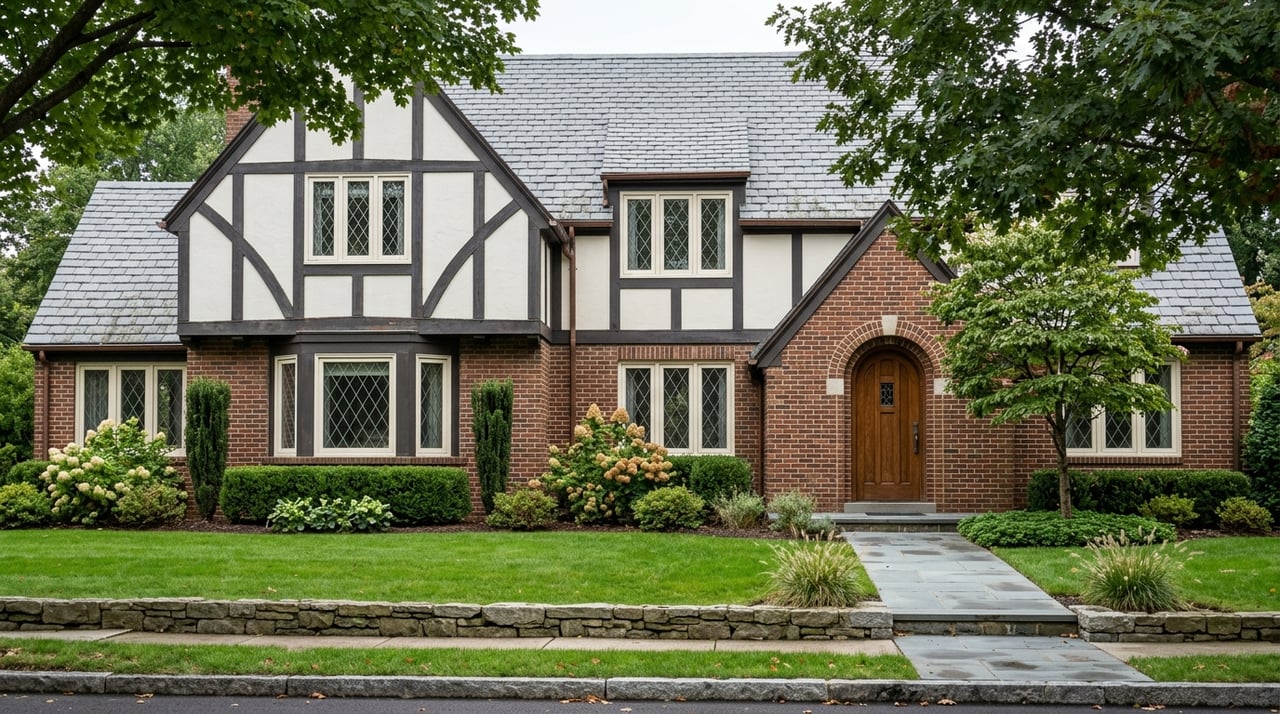 Tudor-style house framed by mature landscaping and a tree canopy beneath an overcast sky.