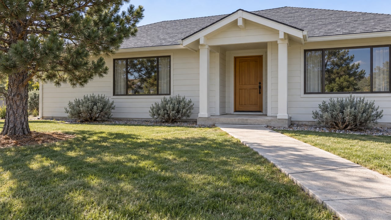 Single-story cream-sided home with a deep lawn, concrete entry walk, mature singleleaf pine and silver sagebrush in bright daylight.