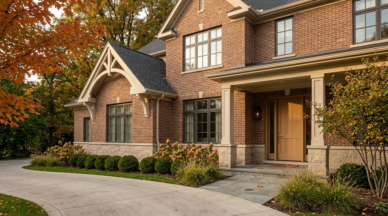 Brick-and-stone suburban home with a covered entry, curved driveway, and orange-red autumn foliage.