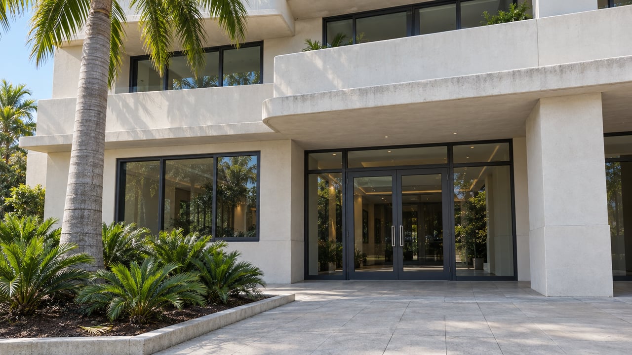 Contemporary residential entrance beneath projecting concrete balconies, with blue-gray glazing and a royal palm beside a paved forecourt.