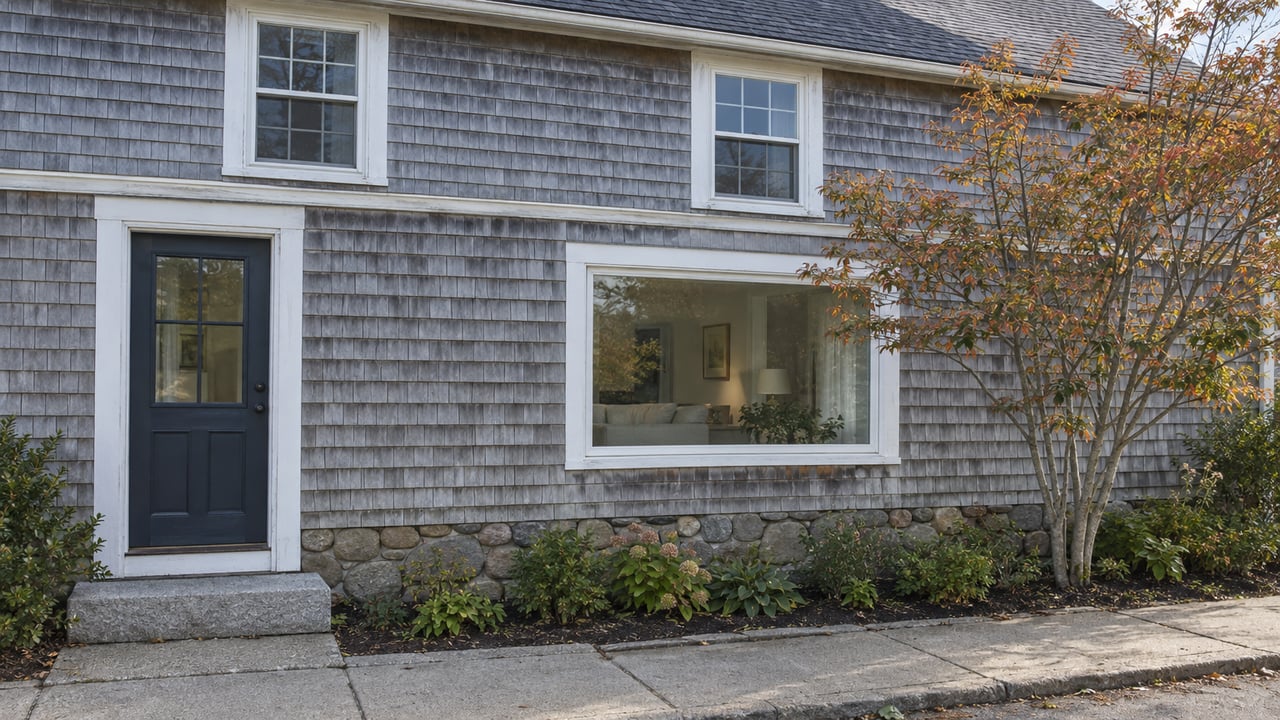 Two-story gray-shingled coastal house with white-trimmed windows, granite step, fieldstone foundation, and copper-leaved tree.