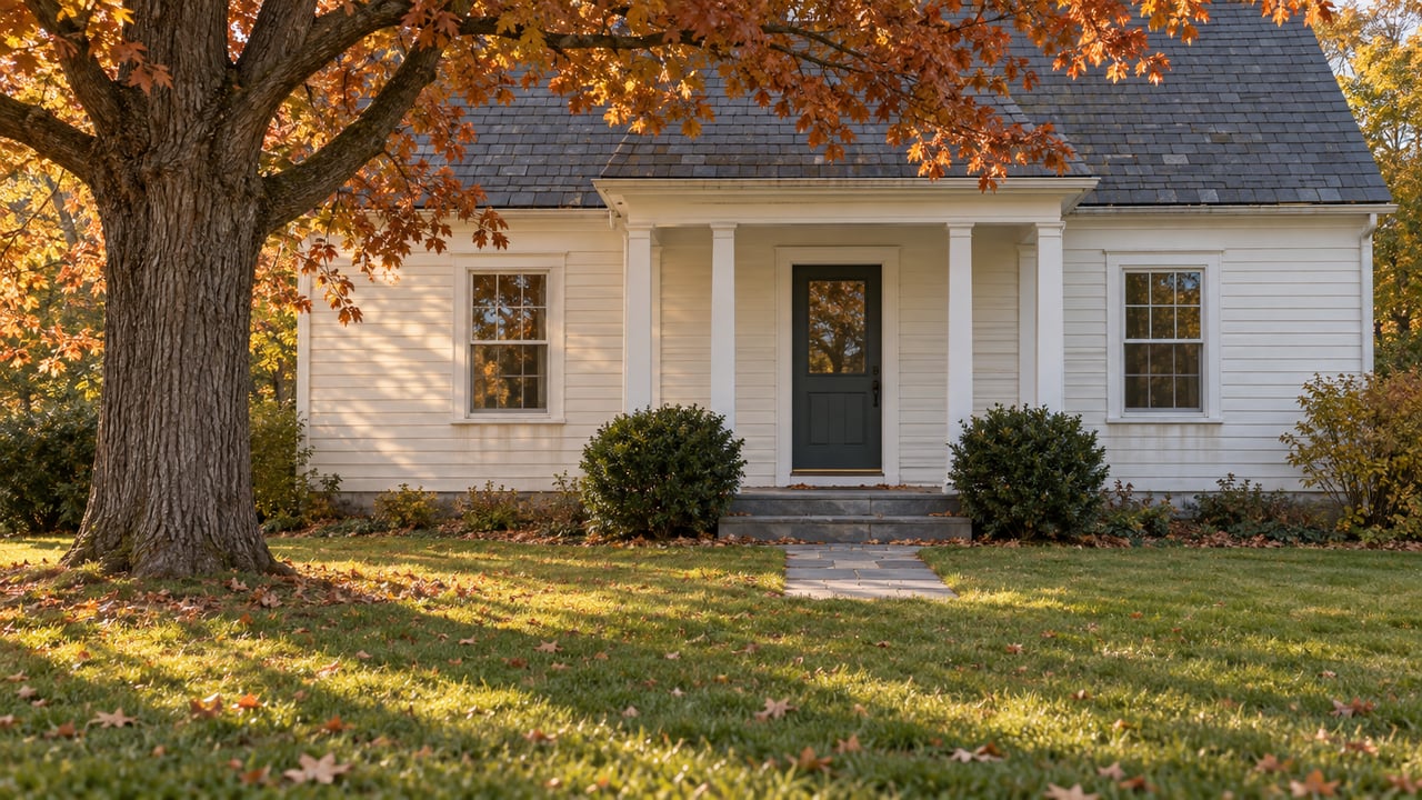 Ivory clapboard house with a slate roof, bluestone porch, and russet oak beside a broad lawn.