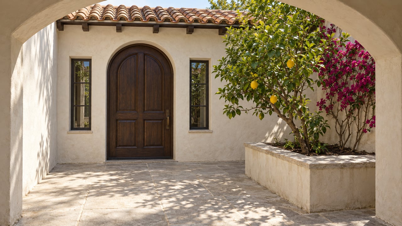 Ivory stucco courtyard with a dark arched timber door, limestone paving, a lemon tree and flowering bougainvillea.