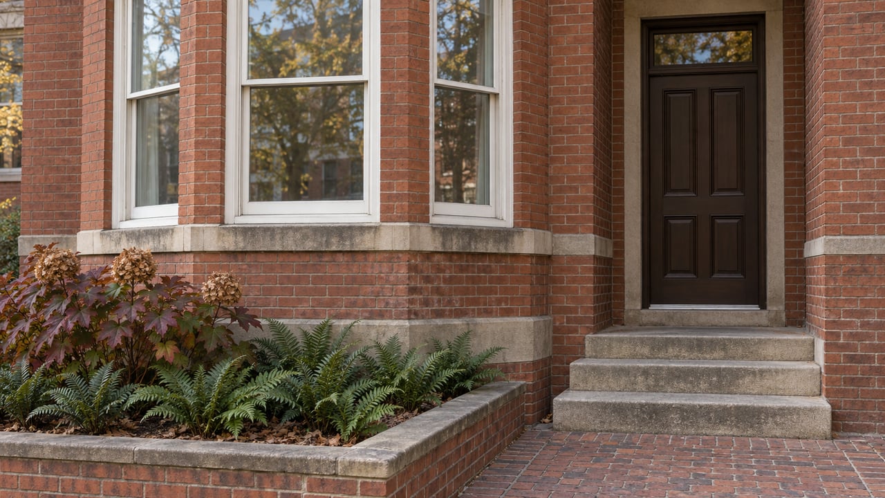 Close architectural view of a red brick home with white timber bay windows, limestone entry steps and a small planted masonry bed.