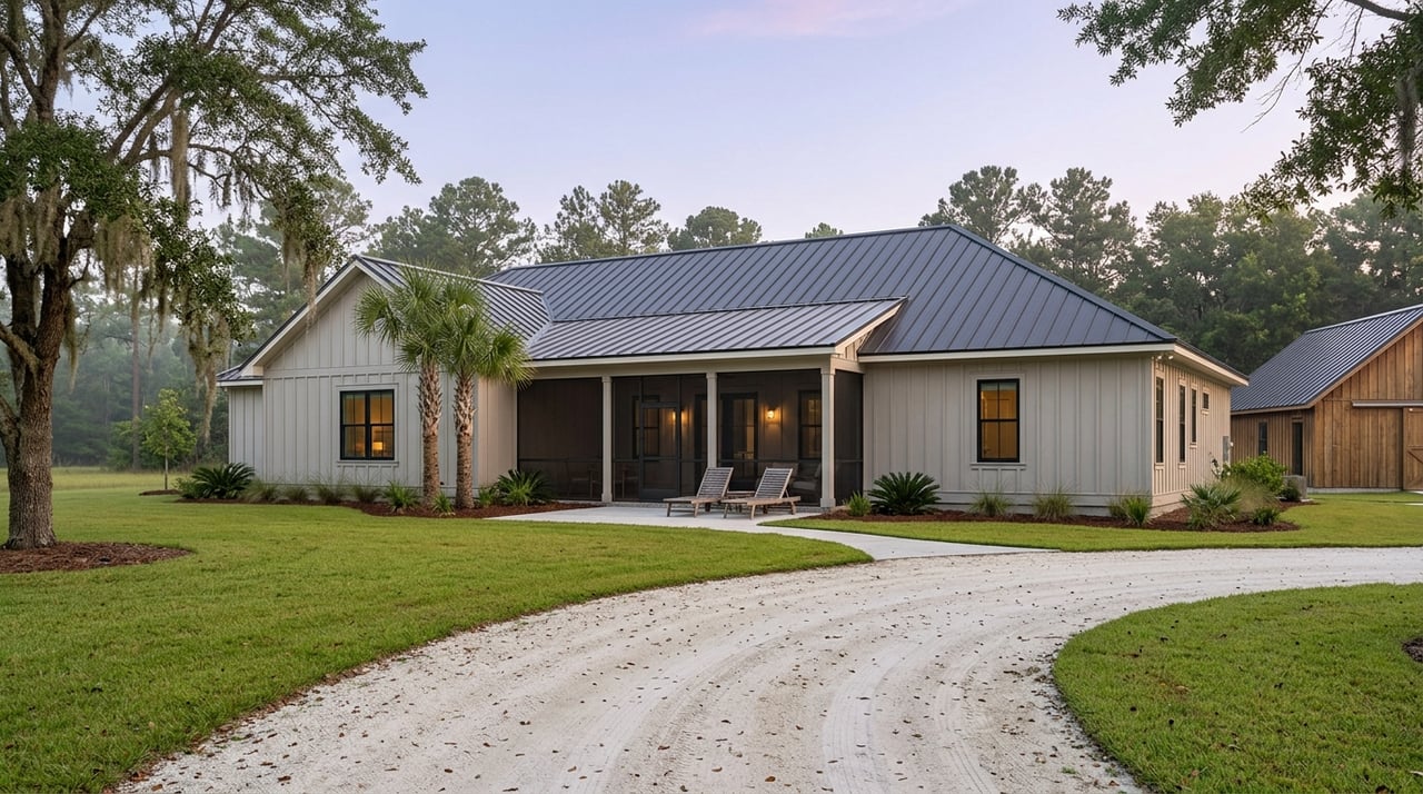 Ranch house with a screened porch beside a curved limestone driveway and detached workshop