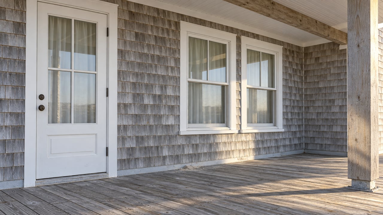 Silvered cedar shingles, white-framed windows and a glazed door beside weathered decking on an elevated covered porch.