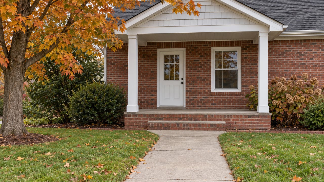 Red brick home with a white-trimmed porch, brick steps and concrete front walk beside an amber maple and oakleaf hydrangeas.