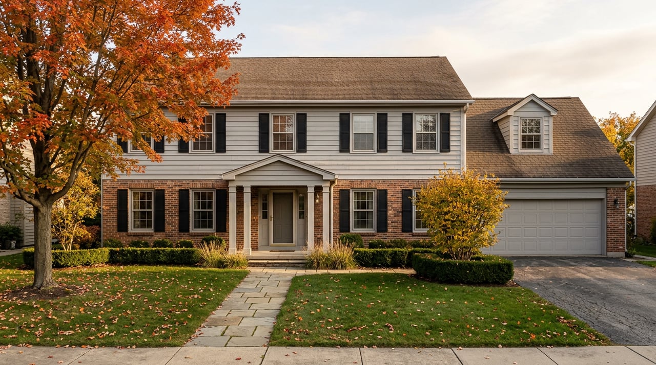 Two-story brick-and-gray-sided home with a white-columned portico, autumn maple, and lawn crossed by long shadows.