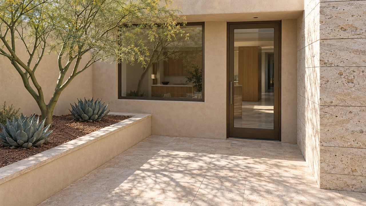 Sunlit contemporary entry courtyard with warm stucco, limestone, bronze-framed glazing and sculptural desert planting.