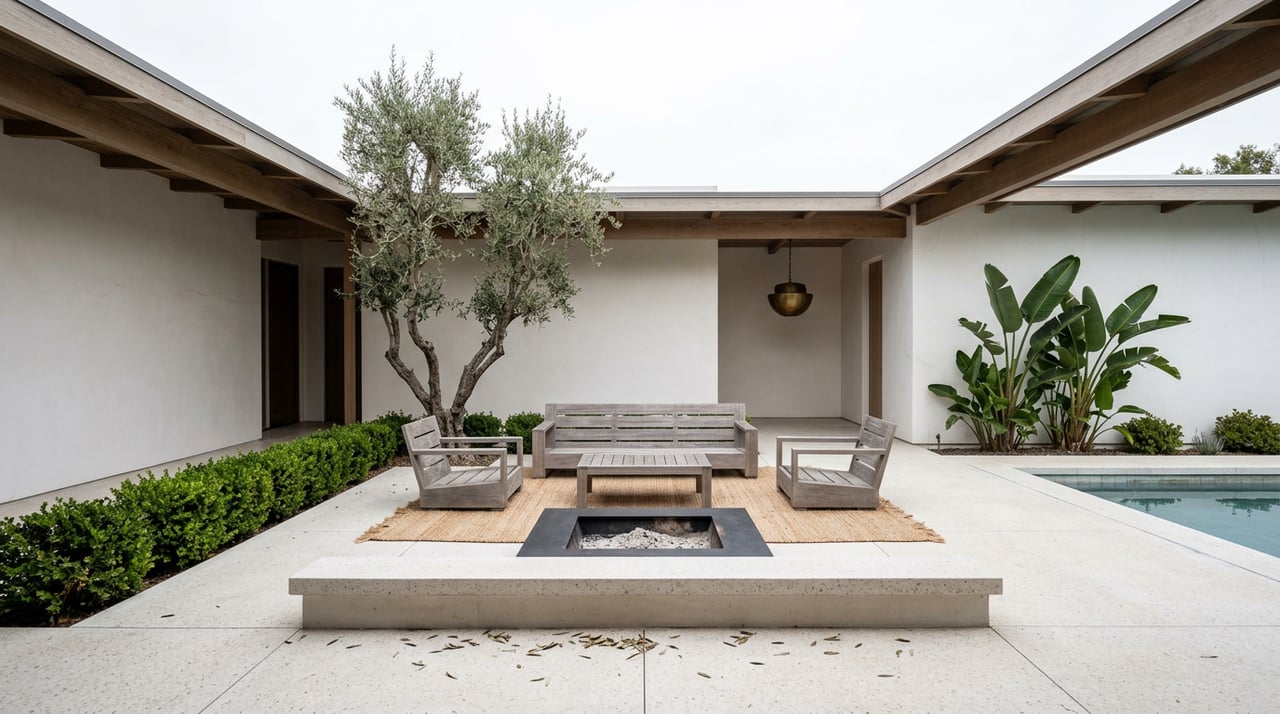 Enclosed courtyard with weathered teak loungers, a brass pendant, olive tree, and bird-of-paradise plants beside a pool.
