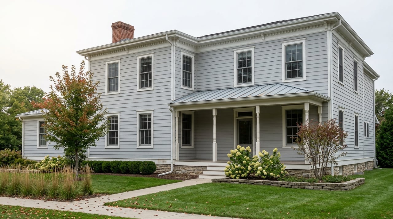 Two-story gray Victorian house with white dentil trim, a wraparound porch, stone foundation, and deep lawn.