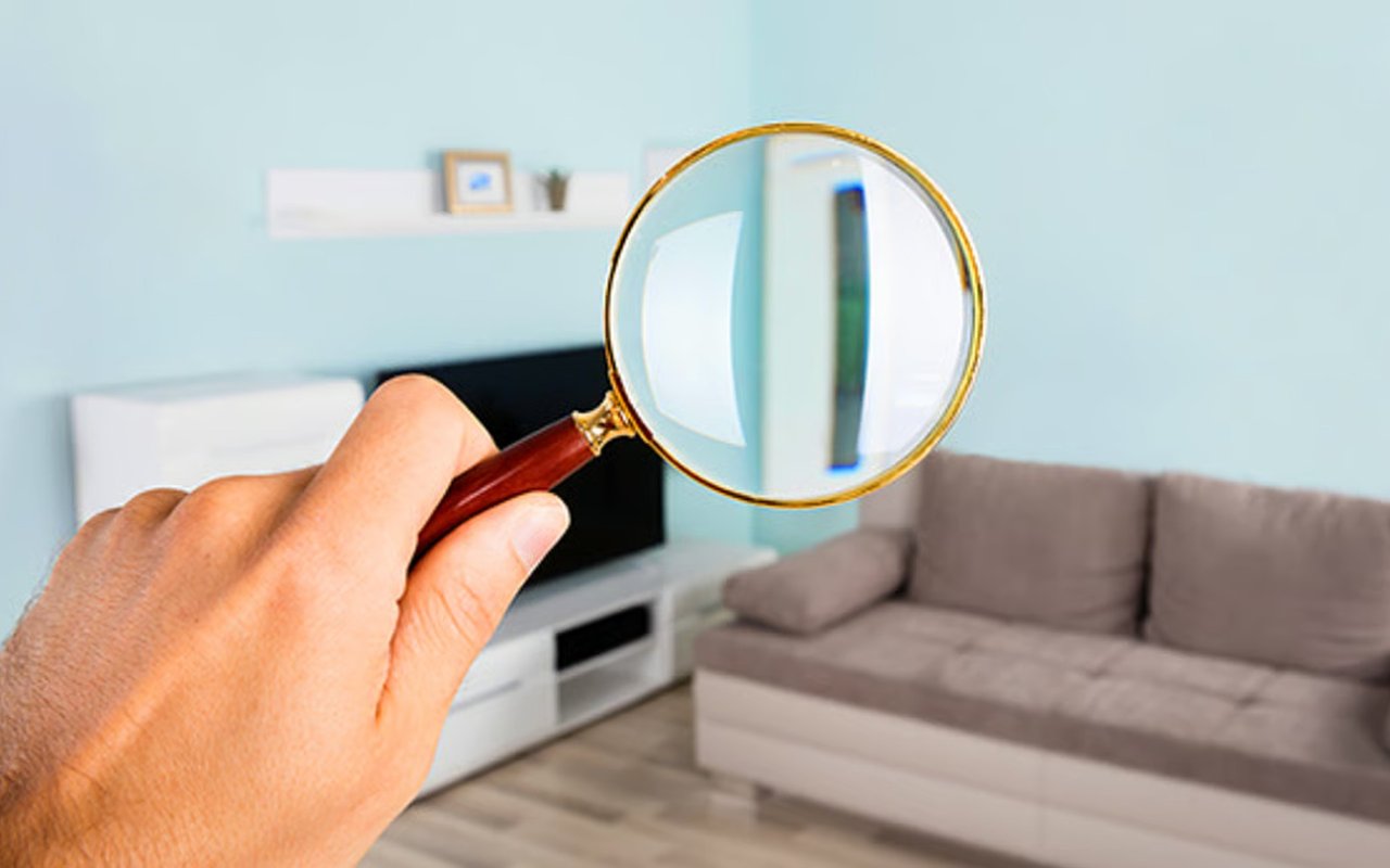 Furnished living room viewed through a magnifying glass held in the foreground.
