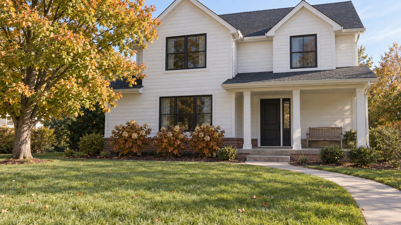 White lap-sided home with dark gabled roof, covered front porch, deep lawn and a maple tree with autumn foliage.