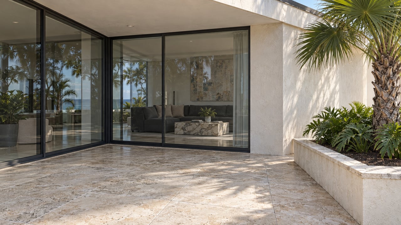 Sunlit limestone terrace beside black-framed living-room glass, ivory stucco and a raised bed with a fan palm.