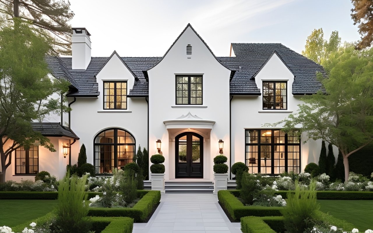 White two-story house with a dark roof, arched windows, and formal gardens lining the front walkway.