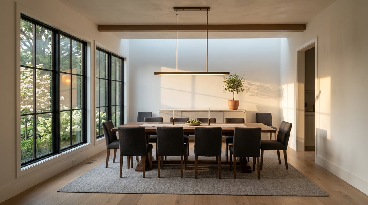 Walnut dining table with charcoal chairs, green figs, and flowering trees beyond black-framed windows.