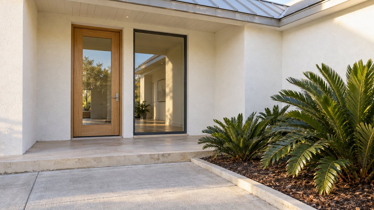 Sunlit white-stucco home entrance with an oak and glass door, charcoal-framed window, and coontie plants beside a concrete approach.