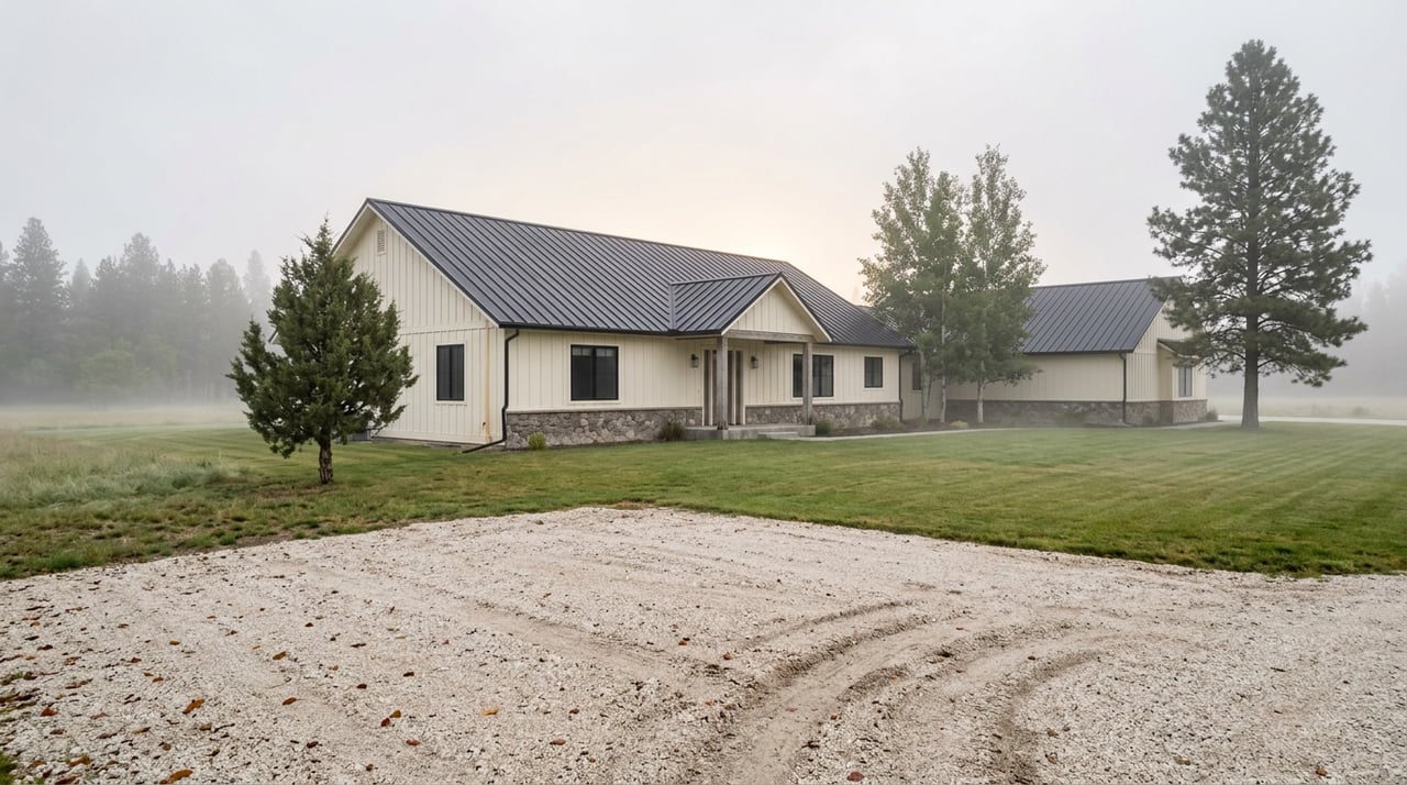 Board-and-batten farmhouse with a black metal-roofed wing beyond a rutted gravel drive, pasture, and drifting mist.