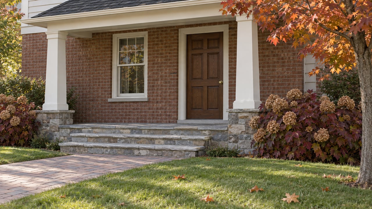 Brick home entry with white porch columns, gray stone steps, a clay paver walk, and autumn maple and oakleaf hydrangea foliage.
