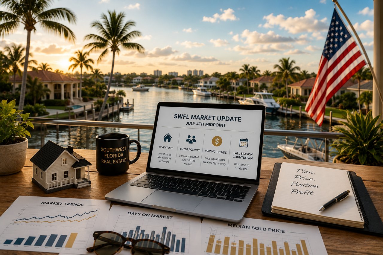 Waterfront home office overlooking luxury canal homes in Southwest Florida with market reports, laptop, and real estate documents representing the July 2026 SWFL housing market update for buyers and sellers in Fort Myers, Naples, and Cape Coral.