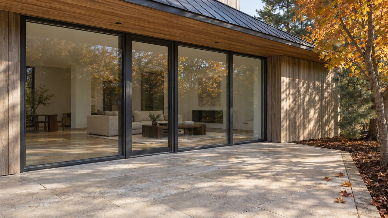 Cedar-clad home with tall enclosed glass doors, a limestone terrace and amber maple foliage in autumn sunlight.