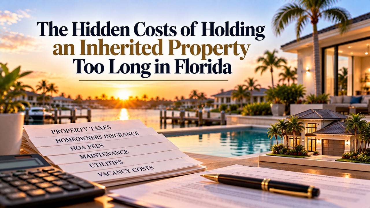 Luxury Southwest Florida waterfront estate home with property tax, homeowners insurance, HOA, maintenance, and vacancy expense documents, illustrating the hidden carrying costs of holding an inherited property too long during Florida probate and how delays can affect the estate's sale proceeds.