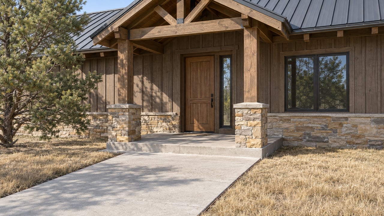 Timber-covered entry of a single-story wood-sided home with sandstone post bases, a concrete approach and a pinyon pine.