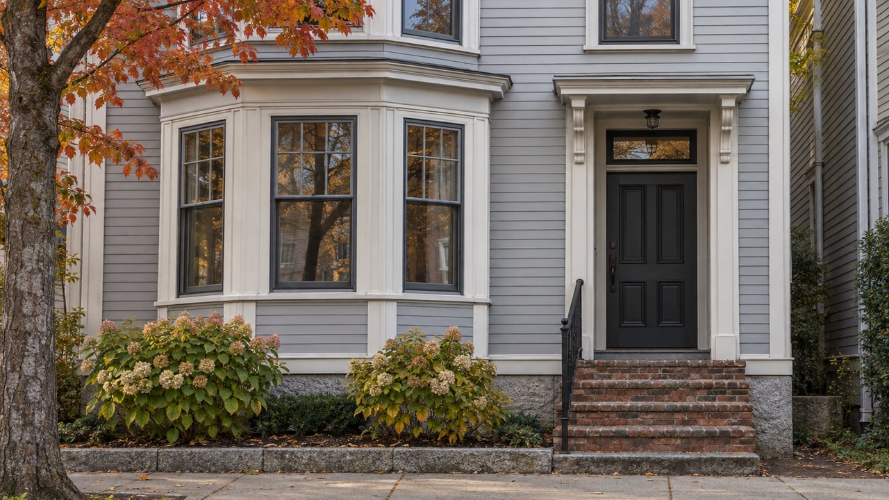 Three-story clapboard house with projecting bay windows, recessed entry, brick steps, and a narrow planted strip.