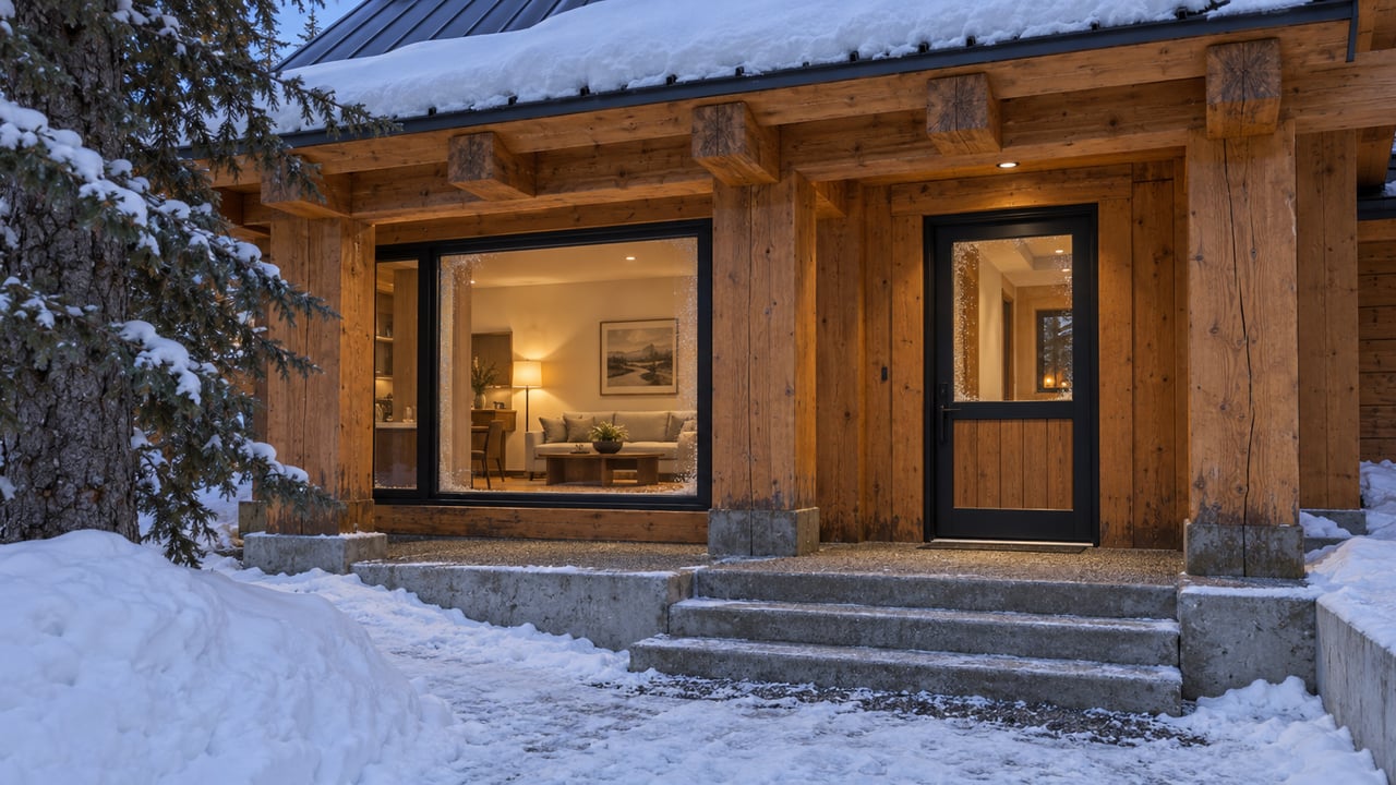 Snow-covered timber home entry with a closed glazed door, warm window light and broad concrete steps beside a white spruce.