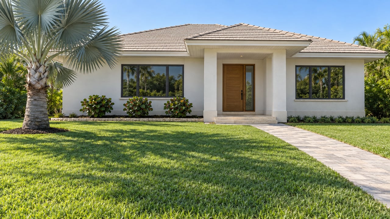 Sunlit light-stucco home behind a deep green lawn, with a silver fan palm, broad windows and a recessed covered entrance.
