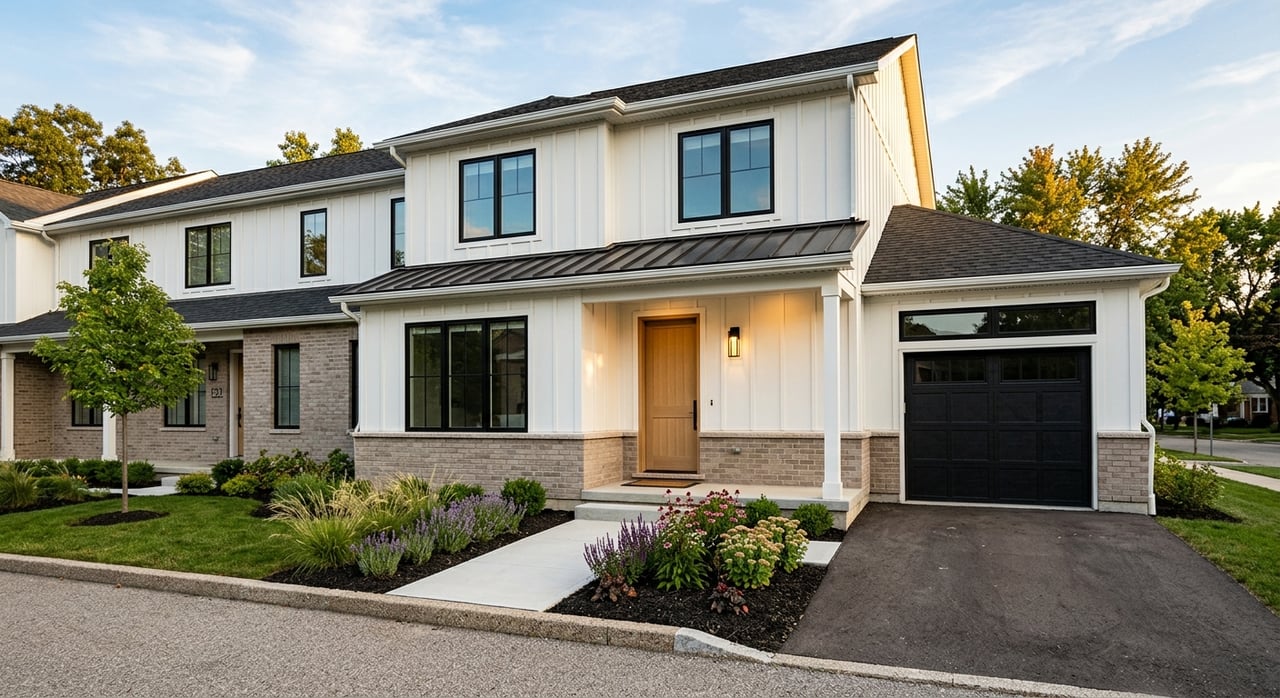 Townhome entrance with white board-and-batten siding, oak door, single-car garage, and a landscaped planting bed.