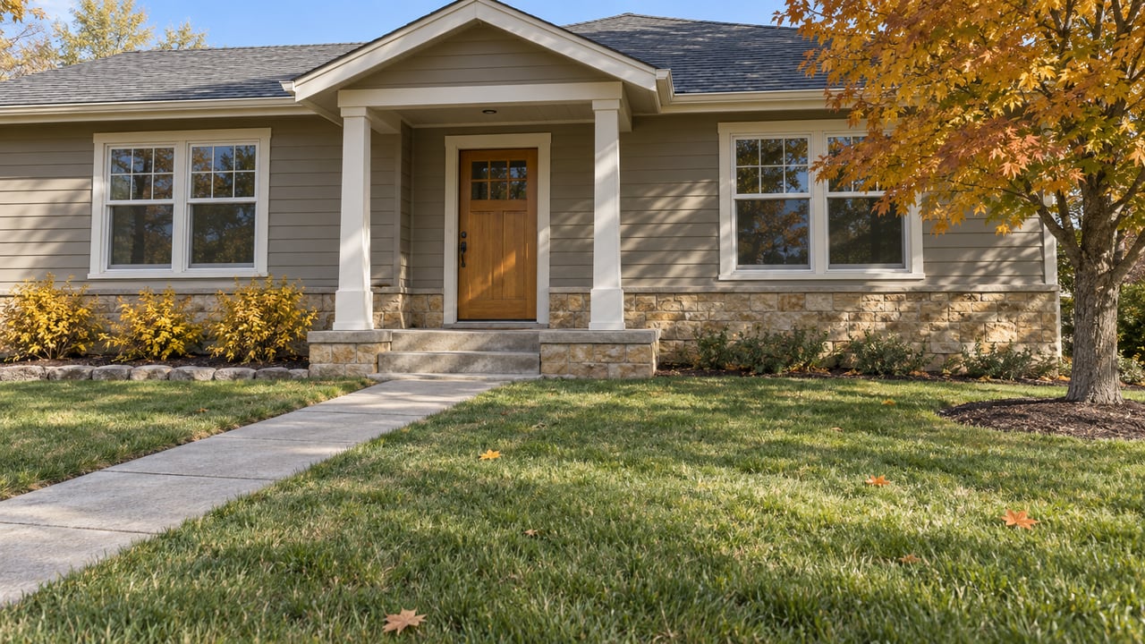 Single-story house with gray siding, stone veneer, a wooden entry door, and an autumn lawn.