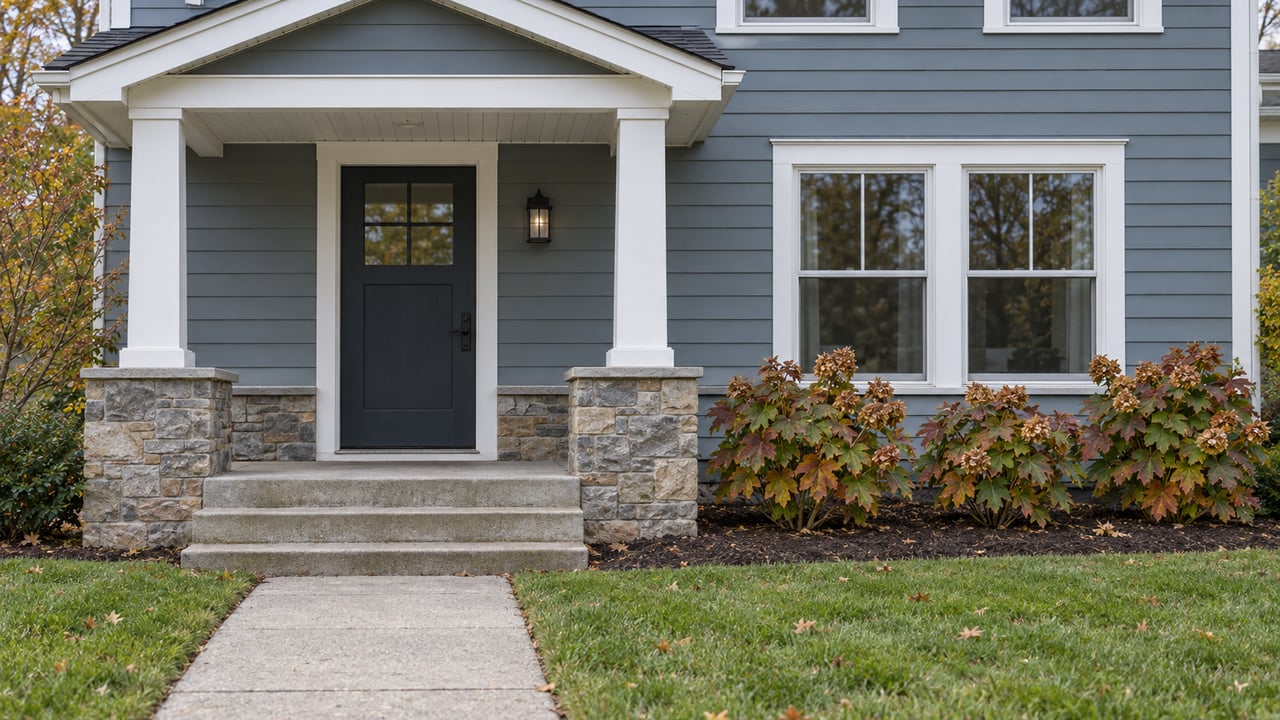 Blue-gray lap-sided home with a covered front entry, stone porch base, concrete approach and russet oakleaf hydrangeas.