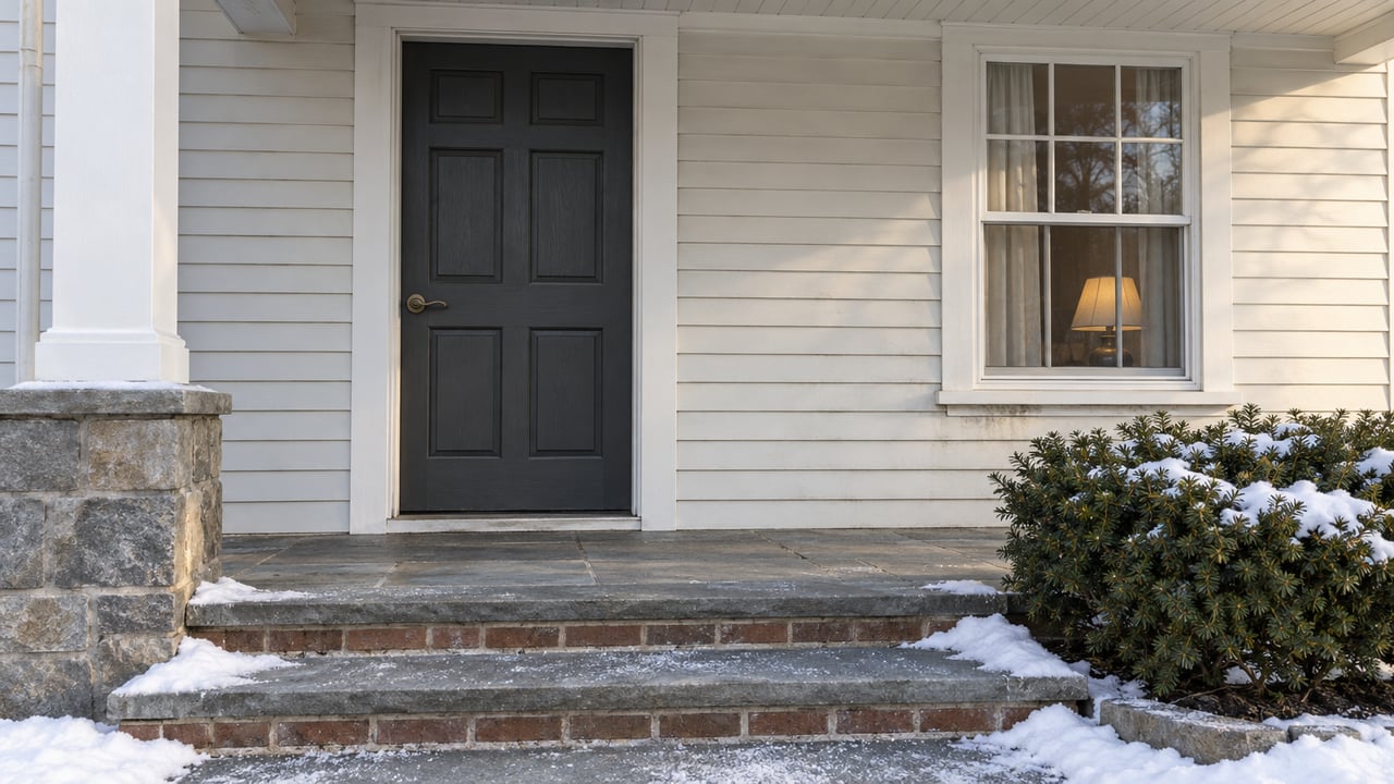 Winter sunlight on an ivory clapboard home’s charcoal front door, warm window, and snow-edged stone entry steps.