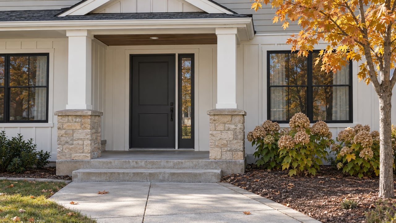 Covered home entry with light siding, limestone column bases, black-framed windows and an amber-leaved maple beside the front walk.