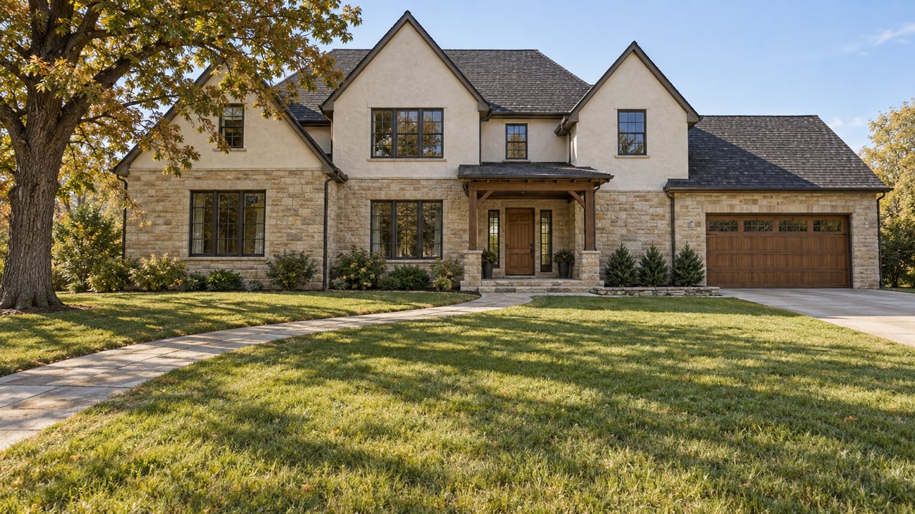 An expansive lawn and stone approach lead to a gabled sandstone and ivory-stucco home beneath a mature oak.