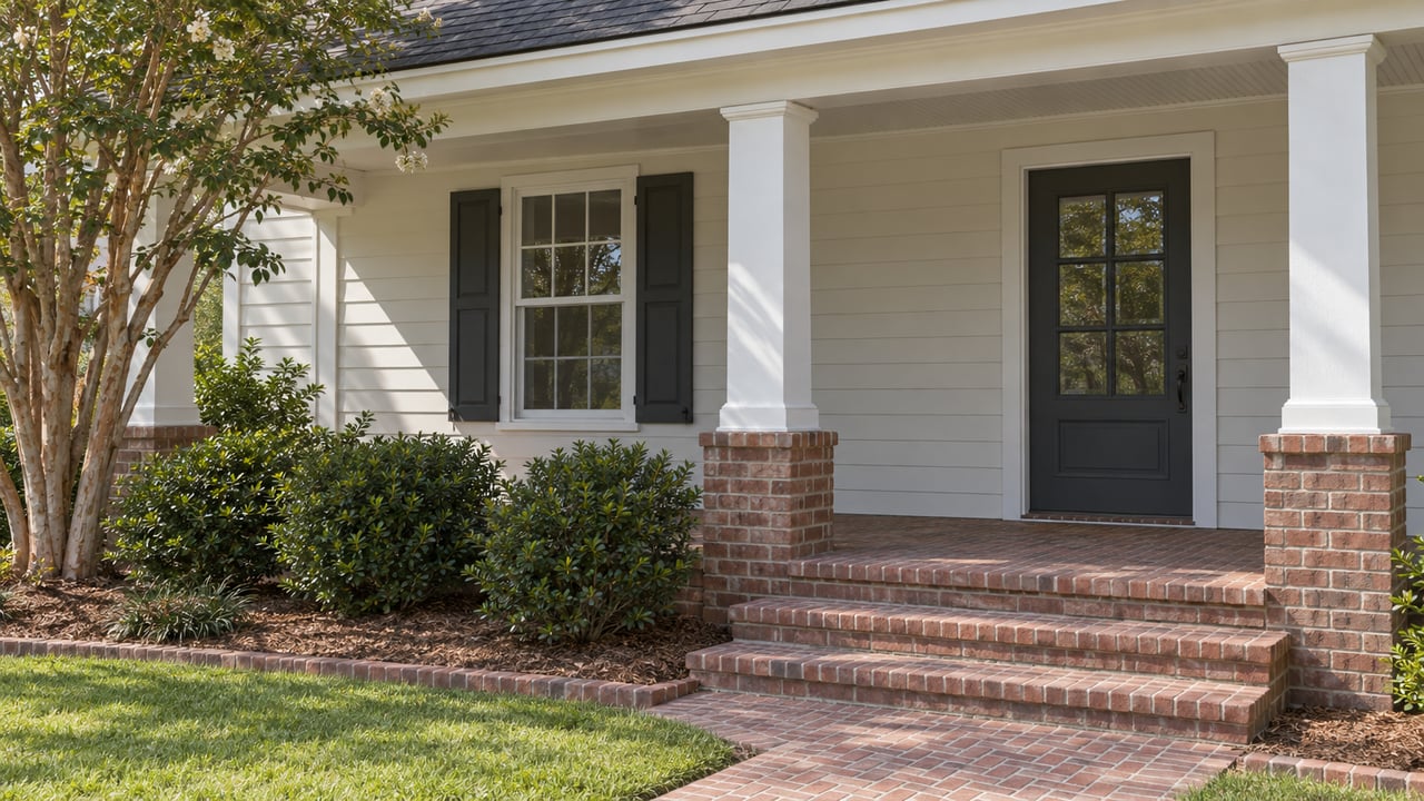 White lap-sided home with a shaded columned porch, worn red brick steps, dark shutters and established foundation planting.
