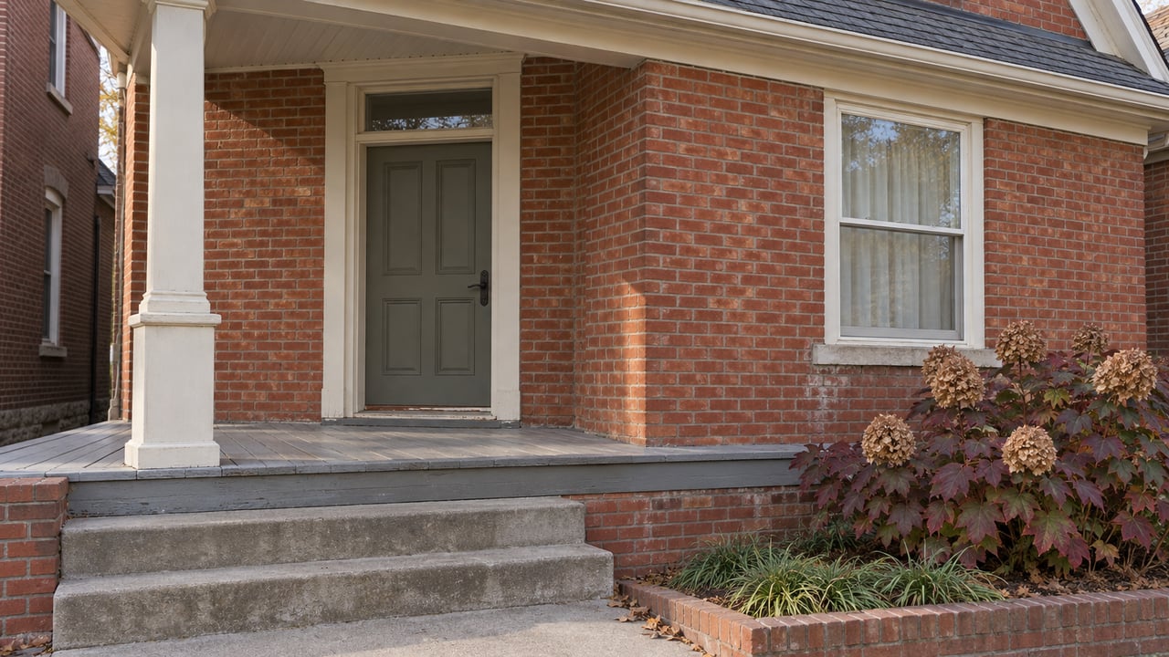 An older brick home's sheltered porch, gray-green front door and worn concrete steps beside autumn oakleaf hydrangea.