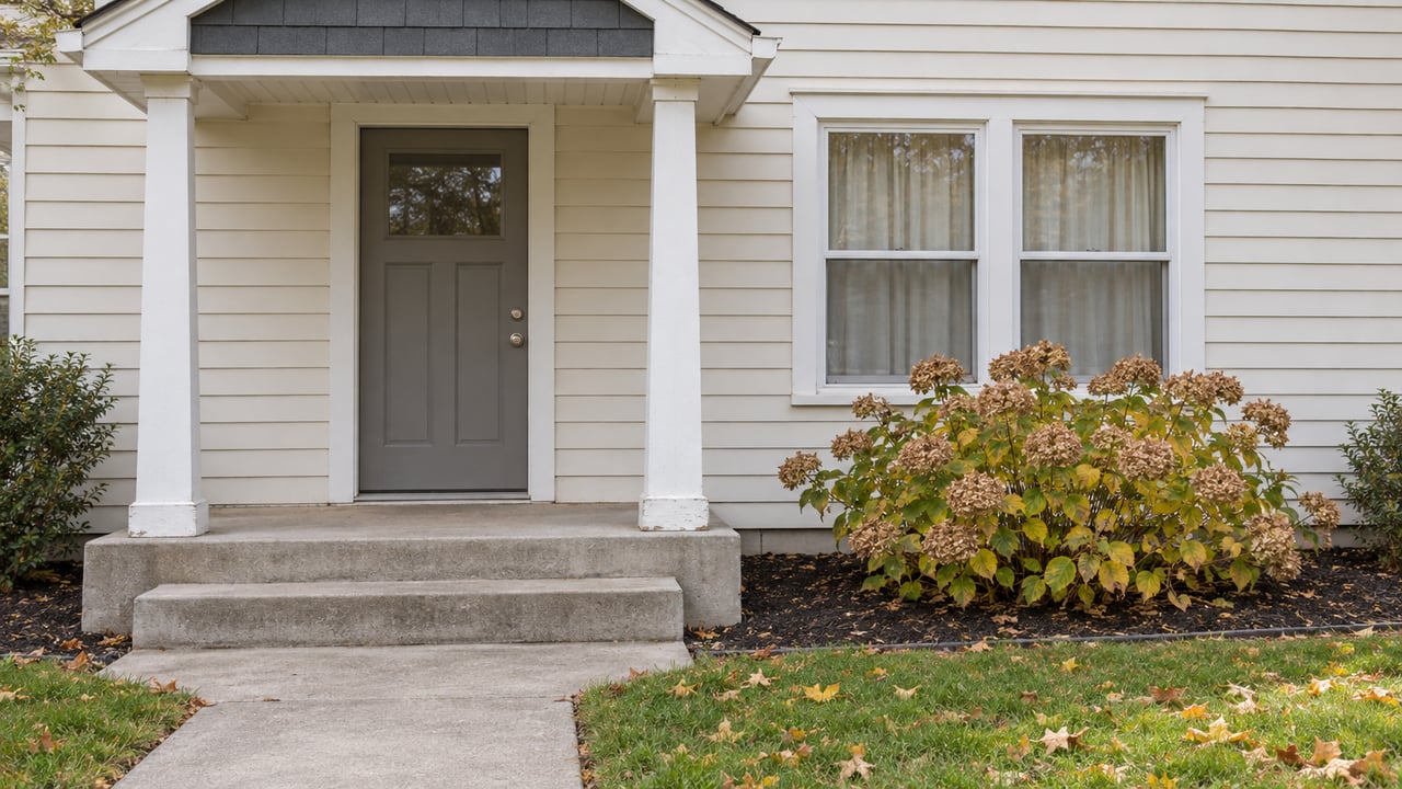 Ivory clapboard home with a small gabled porch, gray front door, weathered concrete steps and a lawn edged with autumn hydrangea.