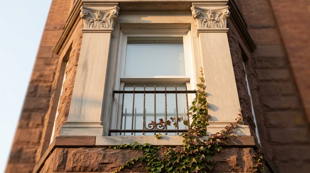 Rowhouse window between limestone piers, with an iron guard, carved cornice, and burgundy-tipped ivy.