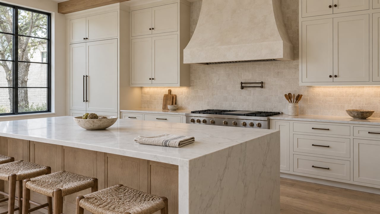 Spacious ivory kitchen with pale-oak island, white quartz counters, and a steel-framed window beside an oak tree.