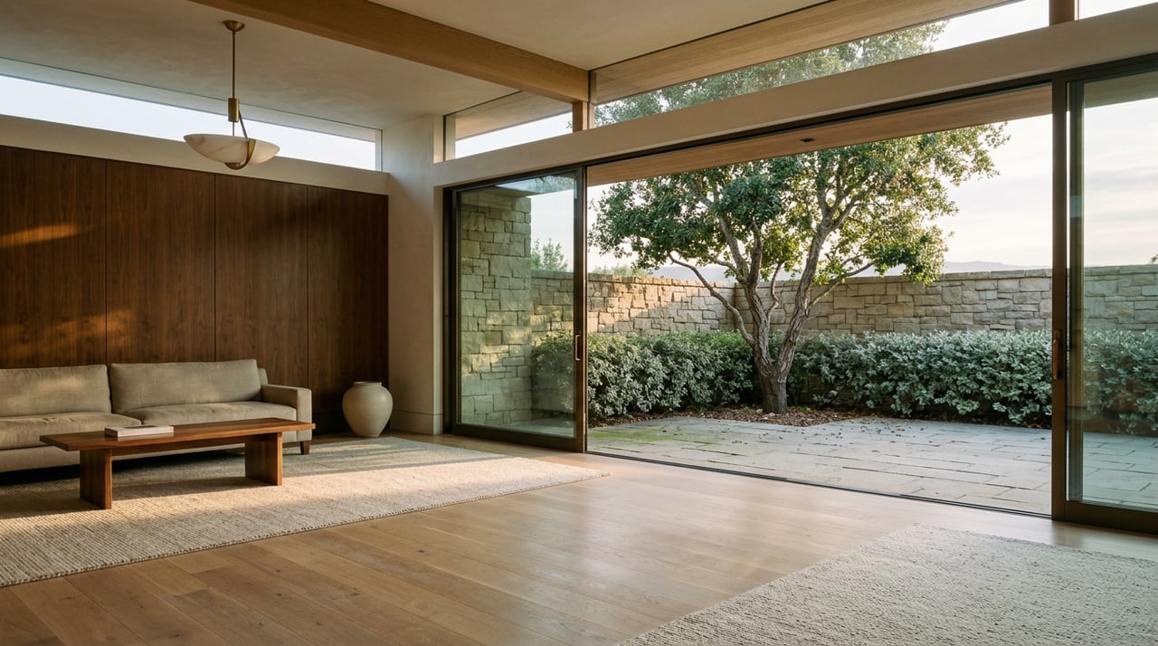 Walnut-paneled great room with linen sofa and glass doors opening onto a stone terrace beneath a multi-trunked oak.