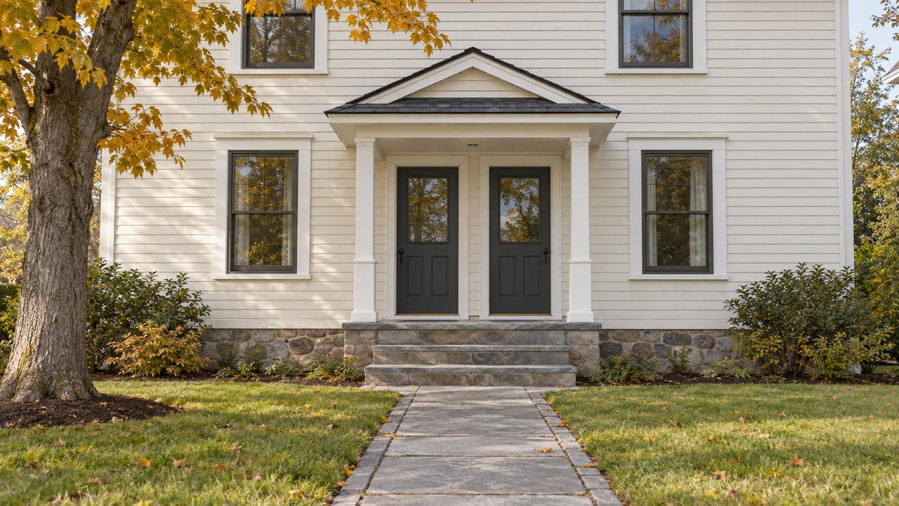 Ivory clapboard two-family home with paired dark entry doors, sash windows and a bluestone approach beside a gold-leaved sugar maple.