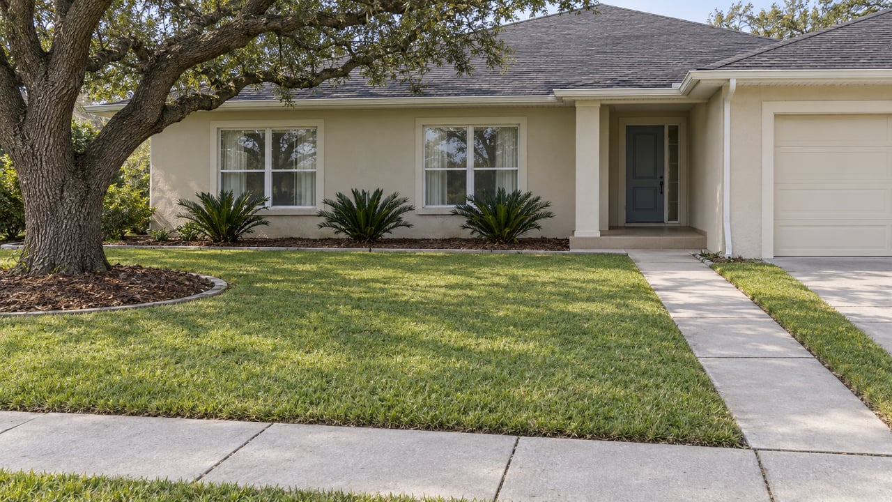 A low ivory stucco home beyond a broad lawn and pale sidewalk, with a spreading live oak and a recessed blue front door.